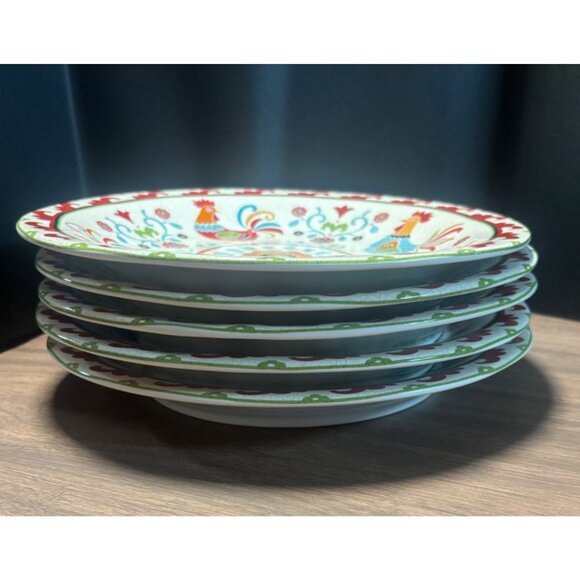 222 Fifth Suzanni Rooster Dinner Plates Set Of 5 Hand Painted Porcelain - Picture 7 of 9